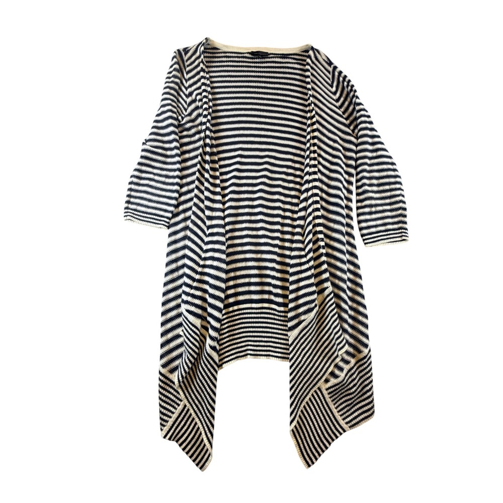 The Limited Navy Blue Cream Striped Waterfall Open Front Cardigan Medium